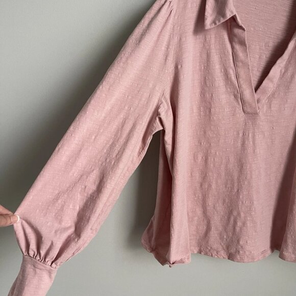 Boden Pink Milkshake Notch Collared V Neck Long Blouson Sleeve Top - Picture 4 of 7